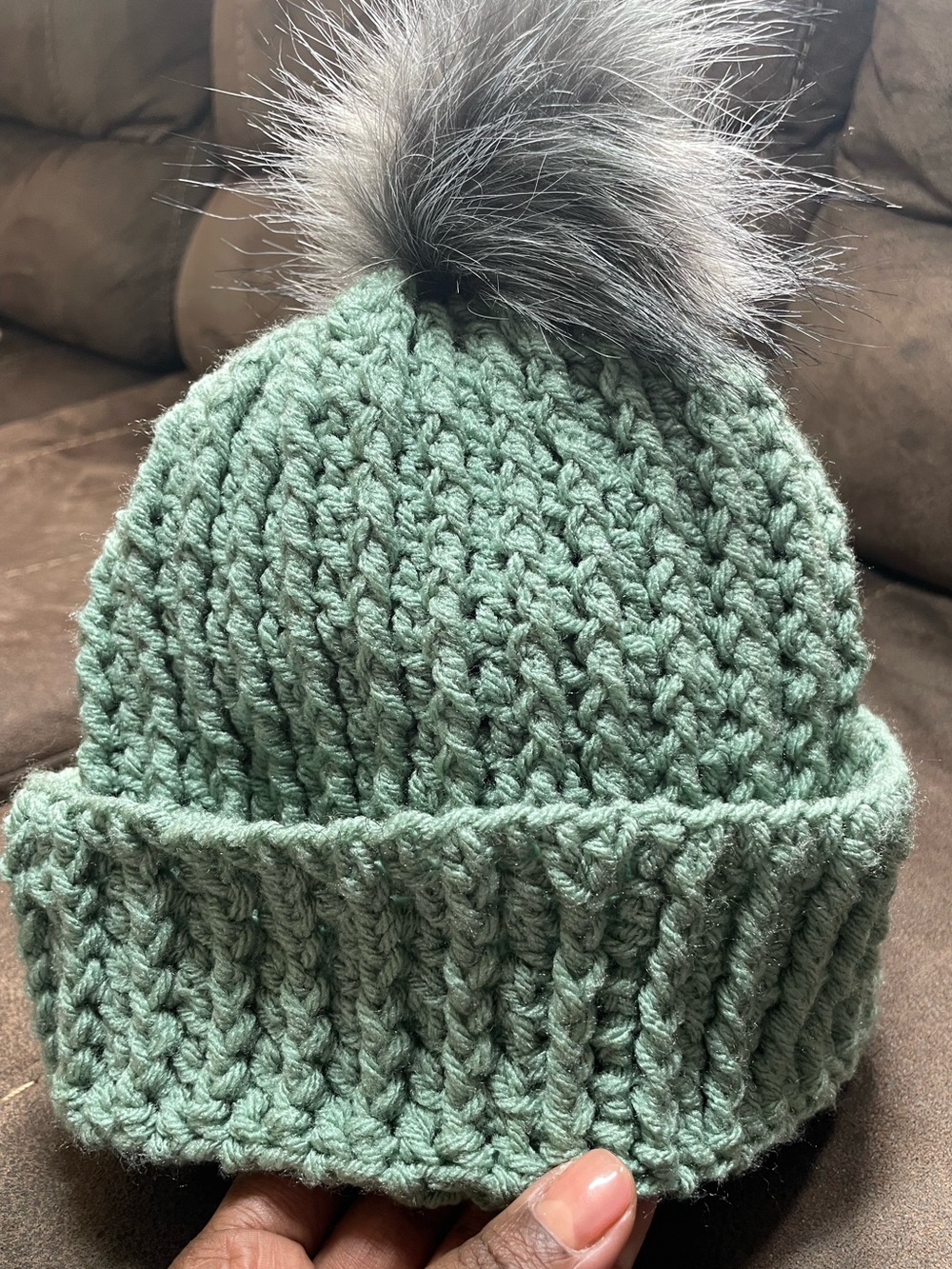 Handmade Wool Sage Green Chunky Crochet Knit Beanie Gray Faux Fur Pom Pom NWOT - Picture 3 of 6